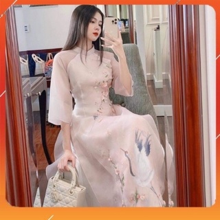 Áo dài cách tân nữ dáng 4 tà chân hoa cổ vuông lụa in hoạ tiết - đính kết - cao cấp