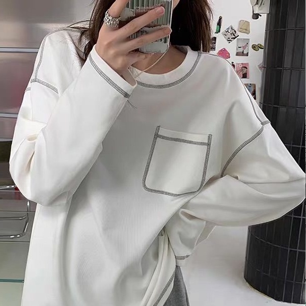 Áo Thun Tay Dài Dáng Rộng Màu Trơn Dễ Phối Đồ Thời Trang Cho Nam