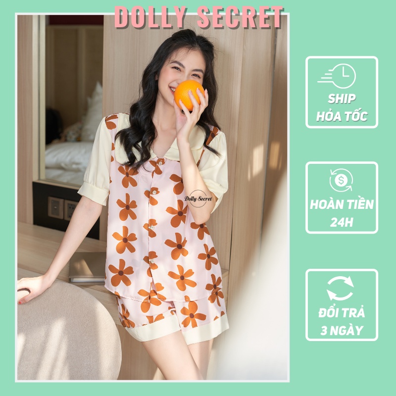 Bộ đồ mặc nhà cộc tay Pijama tay bồng lụa mango họa tiết mùa thu Hàn Quốc DOLLY SECRET CC14