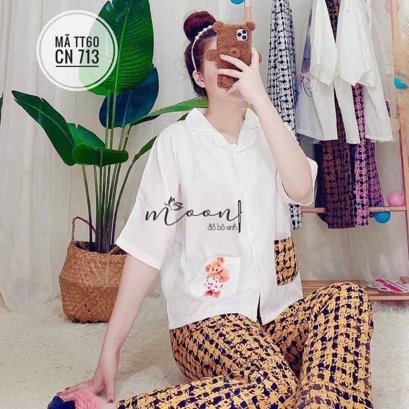 Pizama bộ đồ ngủ quần dài tay cánh dơi hoạ tiết gấu dễ thương chất lụa cao cấp loại 1