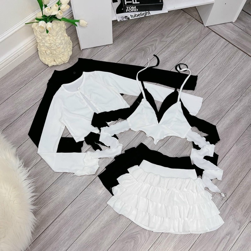 [FREESHIP] Set 3 món gồm chân váy tầng có quần trong + áo croptop cột dây + áo khoác cardigan ngắn có nút cài