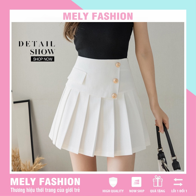 Chân váy tennis xếp ly ngắn lưng cao chữ A đen trắng trẻ trung năng động vạt chéo 3 khuy vải dày có bigsize CV24