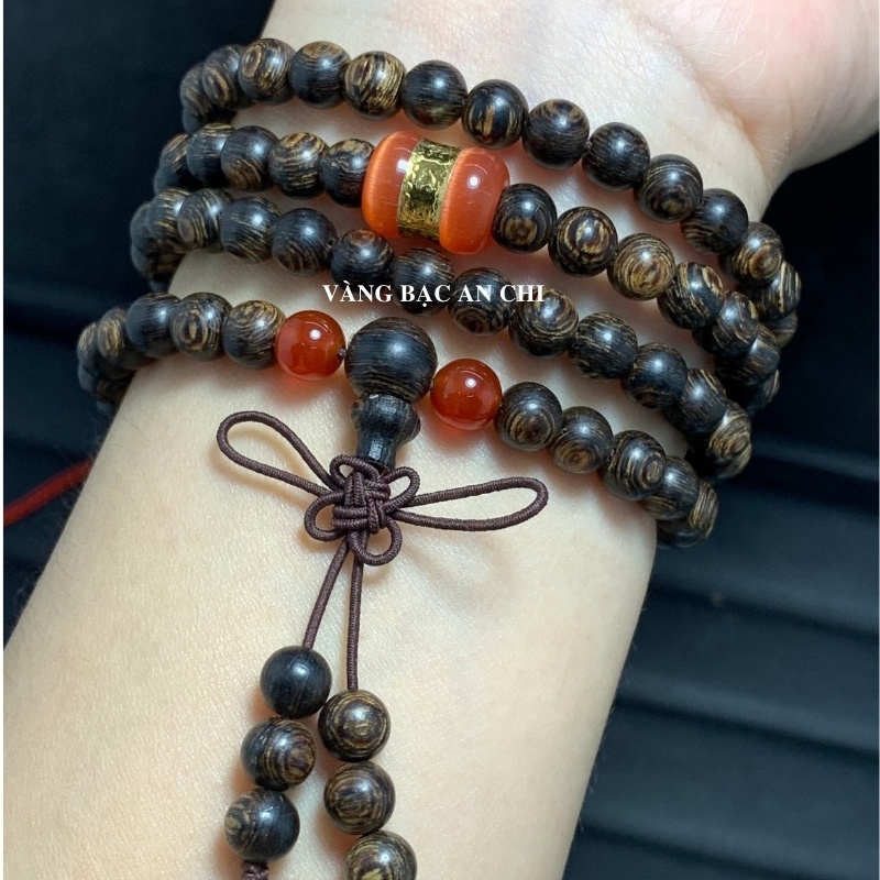 Vòng tay trầm hương sánh chìm 108 hạt nhỏ 6li mix lu thống đá mã não phong thuỷ. Anchi jewelry