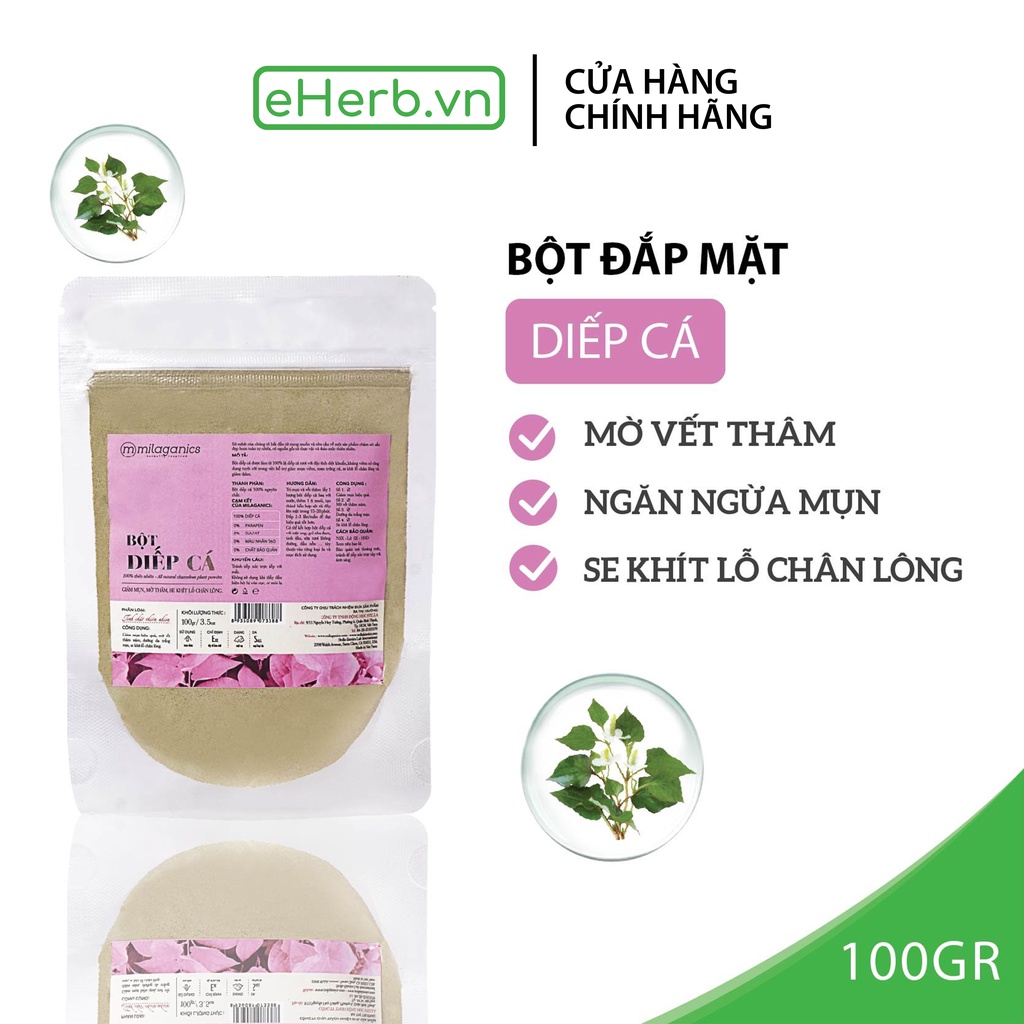 Bột diếp cá nguyên chất đắp mặt nạ ngừa mụn, mờ vết thâm MILAGANICS 100gr (túi zip)