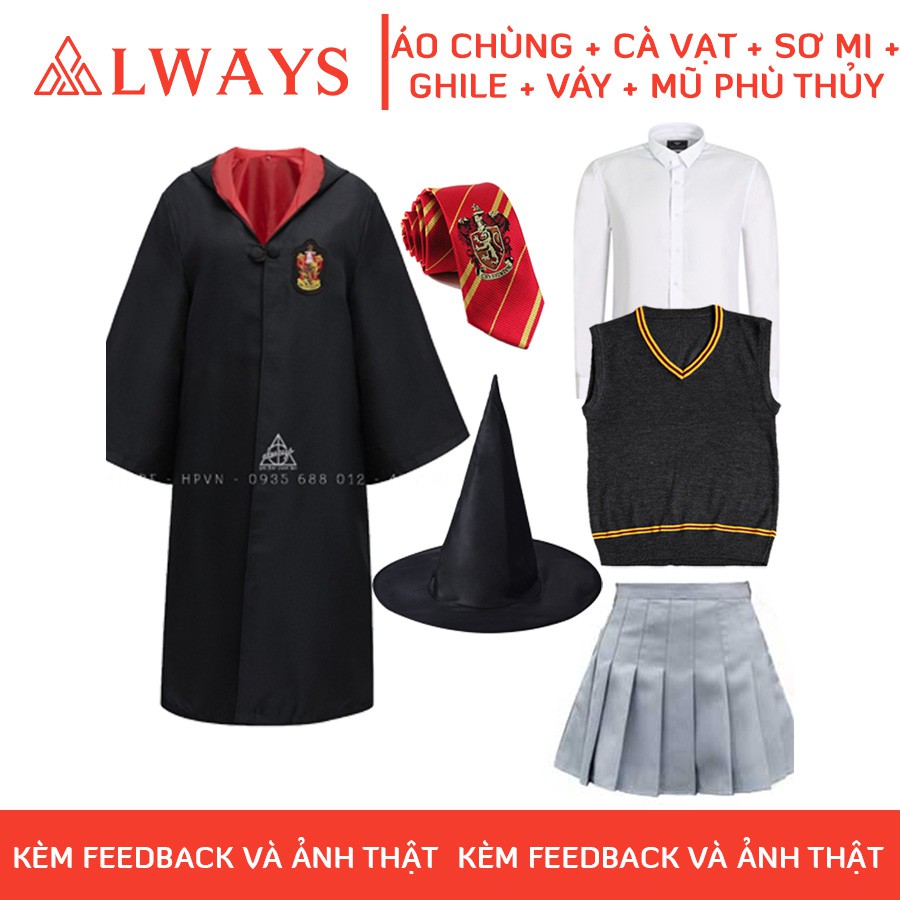 Áo choàng Harry Potter kèm cà vạt, sơ mi, ghile, váy và mũ phù thủy - Trang phục Phù thuỷ hoá trang Harry Potter