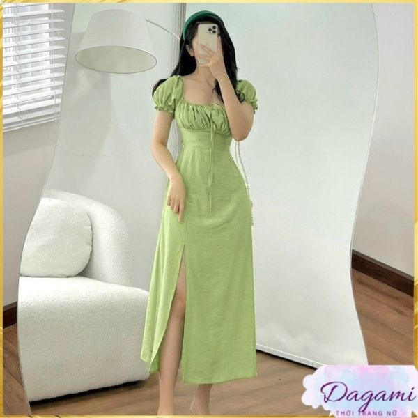 Váy nữ suông cổ vuông xẻ tà Dagami dáng dài ôm lưng tôn dáng diện đi chơi du lịch
