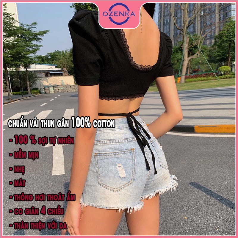 Áo croptop cổ V cộc tay vai bồng phối ren nữ OZENKA , áo thun nữ ôm body hở lưng gợi cảm buộc dây màu đen dưới 50kg