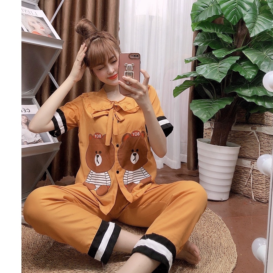 đồ ngủ pijama bò sữa hót trenk có 2 túi tay ngắn vải kate lụa freesize dưới 57 kí
