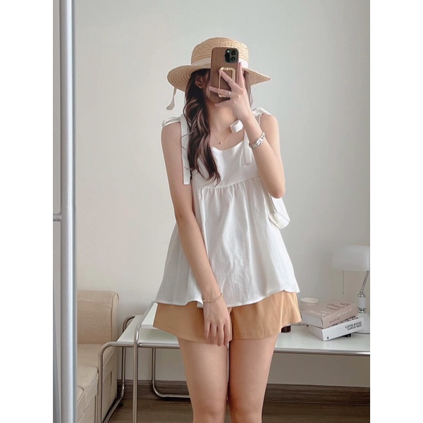 Set áo 2 dây babydoll đũi thô thắt nơ vai  Pea  Store