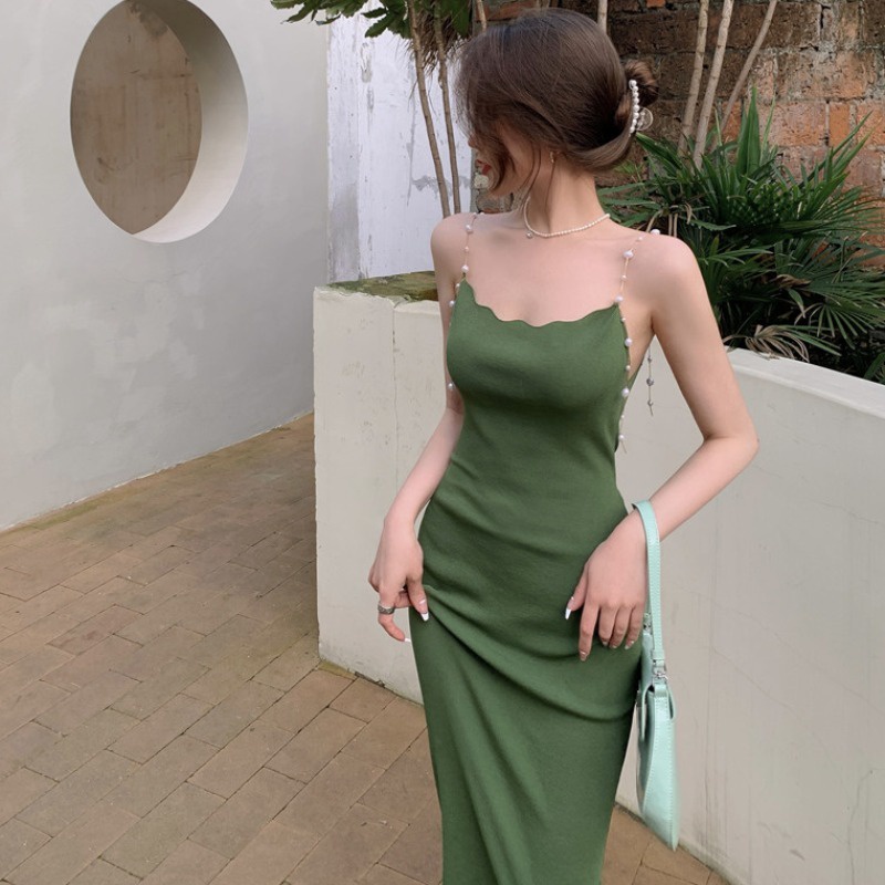 Đầm Hai Dây Màu Xanh Lá Đậm Chiết Eo Phong Cách Vintage Pháp