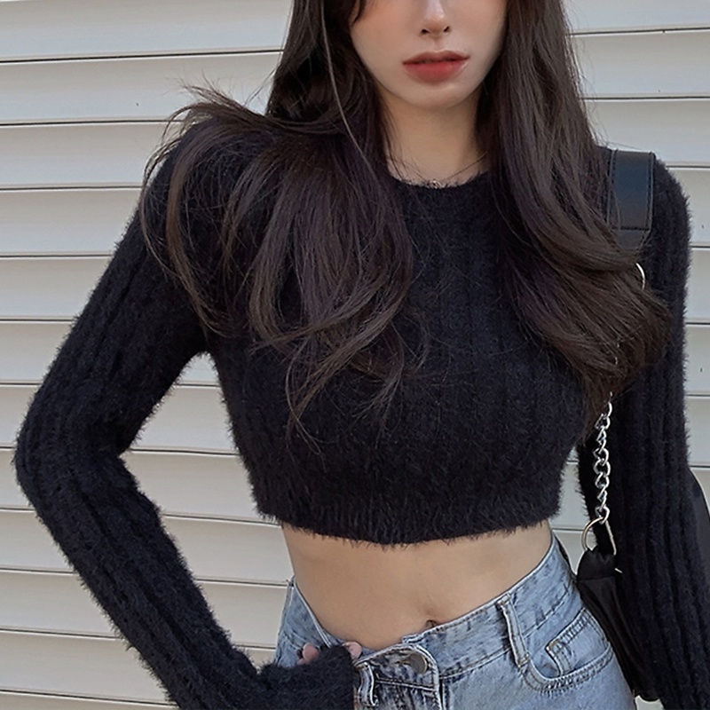 Áo Sweater Dệt Kim Tay Dài Cổ Tròn Màu Sắc Thời Trang Cho Nữ