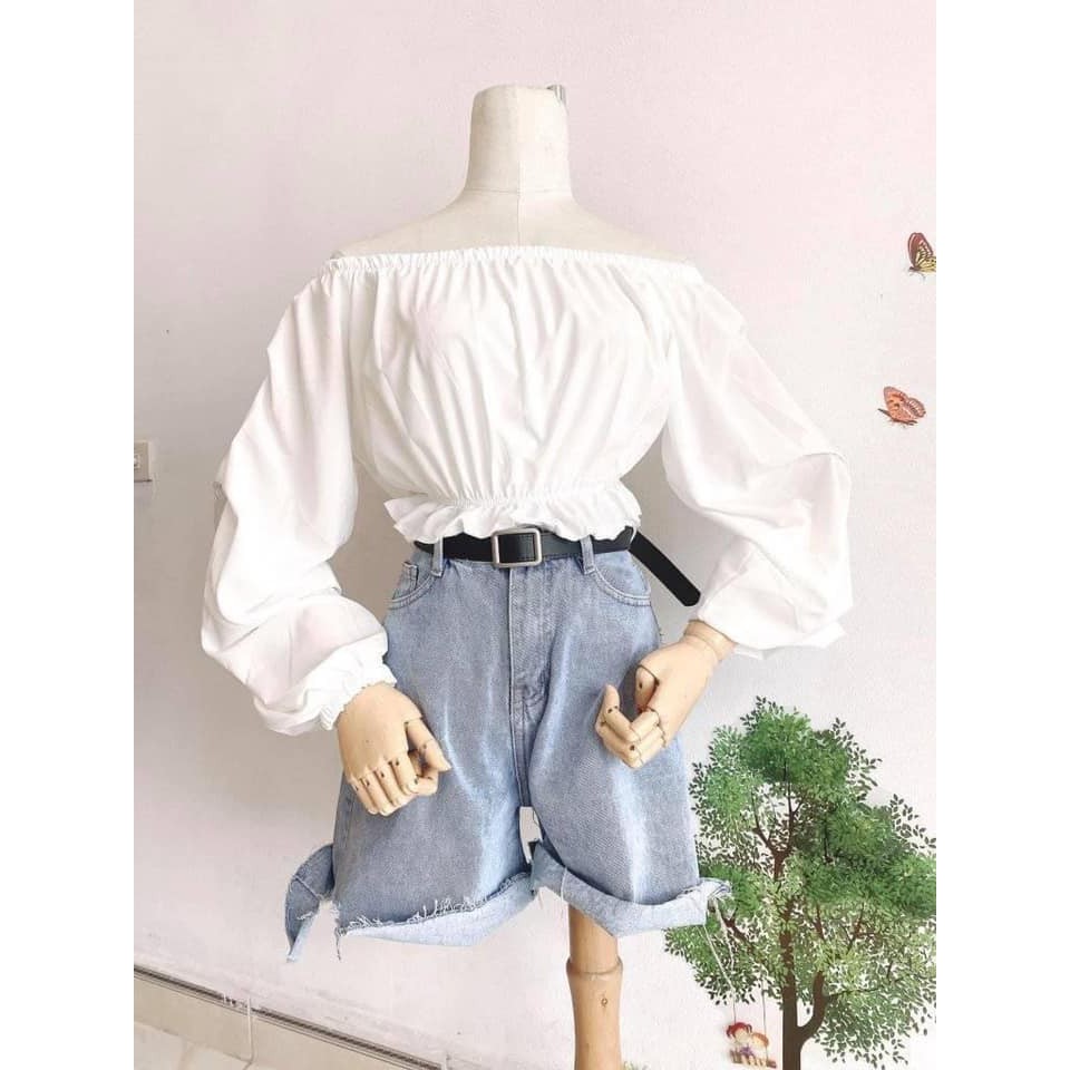 [Giảm Giá] Áo Trễ Vai Tay Nhún Bèo 2 Màu Đen trắng, Áo sơ mi trễ vai Croptop cho bạn thêm cuốn hút{Shop Lee Khánh Store}