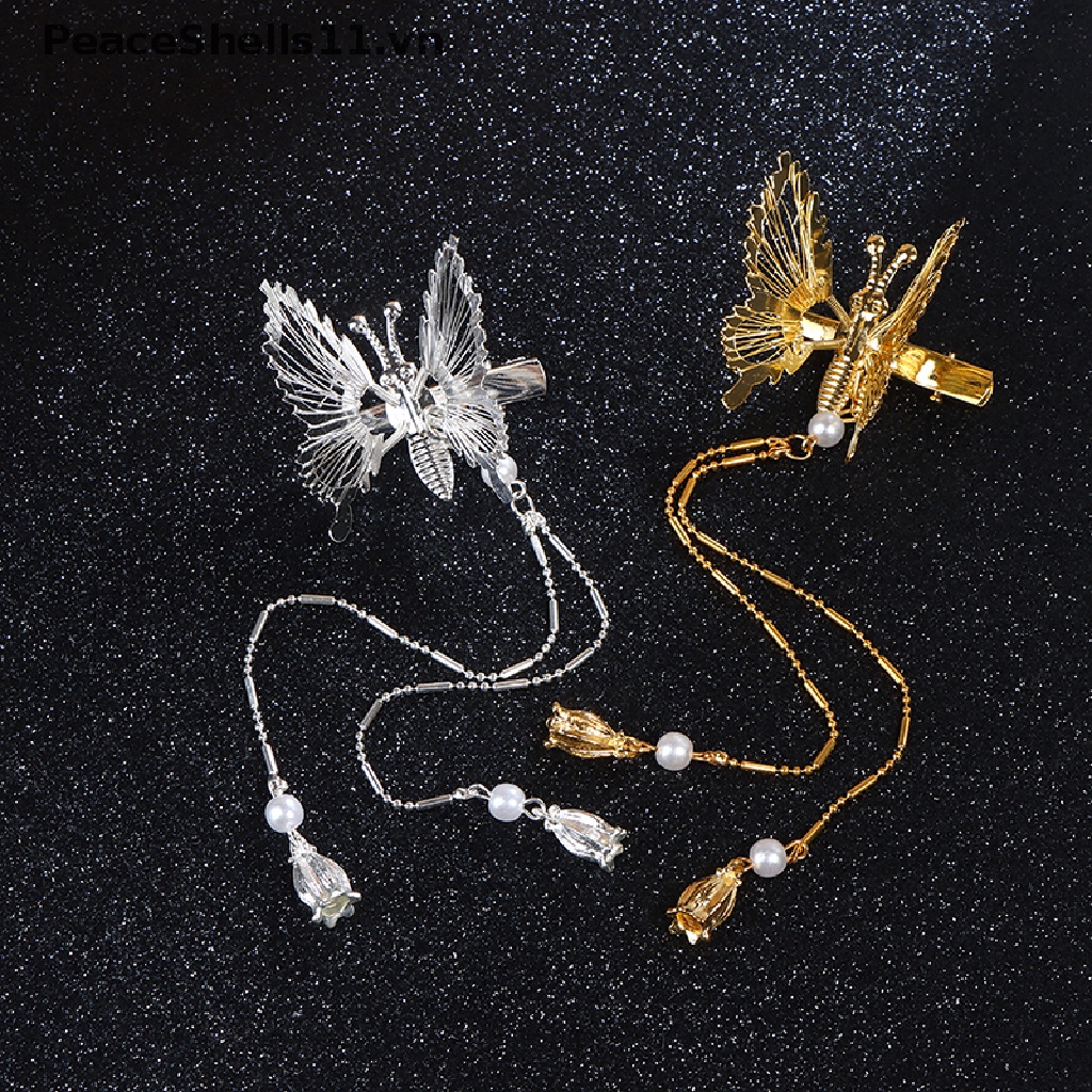 [PeaceShells] Kẹp Tóc Hình Bướm Phong Cách Cổ Điển Phối Tua Rua Bước Lắc