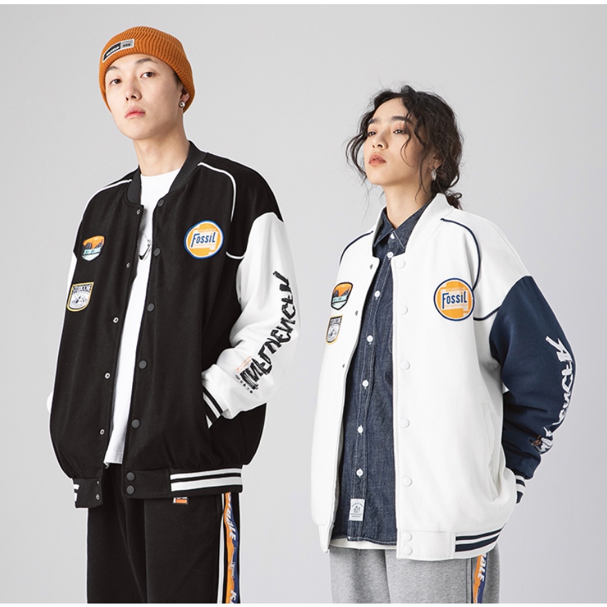 Áo khoác bóng chày dáng rộng thêu logo thời trang đường phố Mỹ