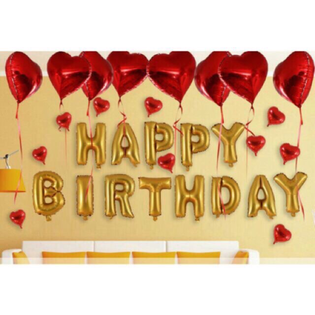Set bóng happy birthday kèm bóng tim