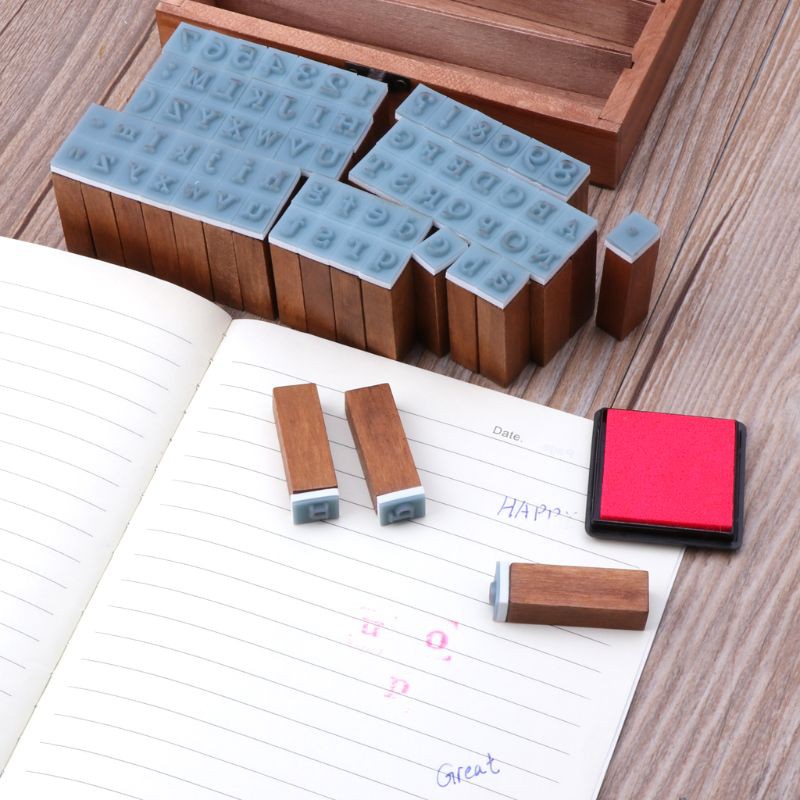 Set 70 Con Dấu Gỗ / Cao Su Khắc Chữ Cái + Hộp Đựng