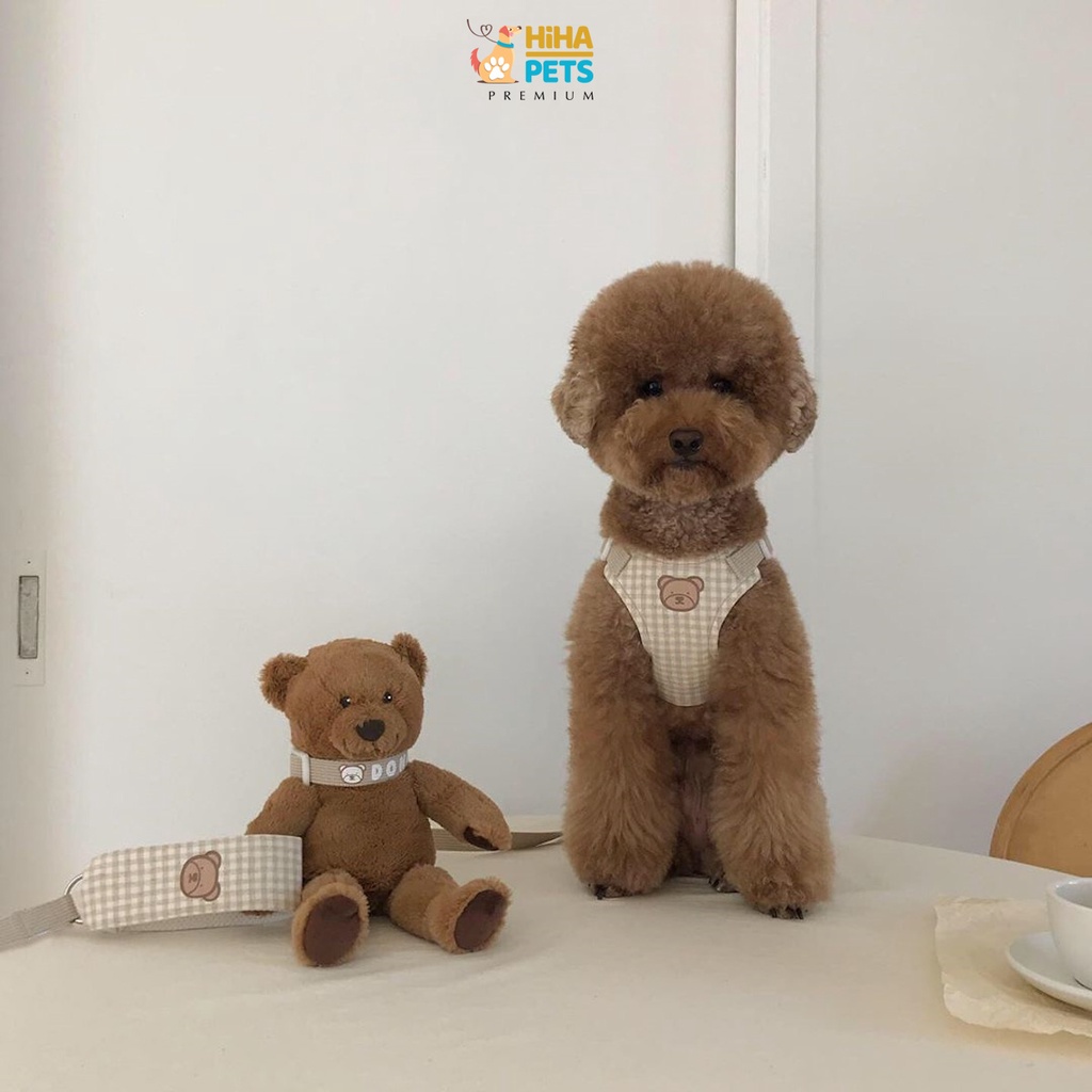 Dây Dắt Chó Mèo Đi Dạo Hình Gấu Chất Liệu Bông Nguyên Thuỷ Gồm Có Yếm Kèm Dây Dắt Thú Cưng Hàn Quốc Premium Hiha Pets.