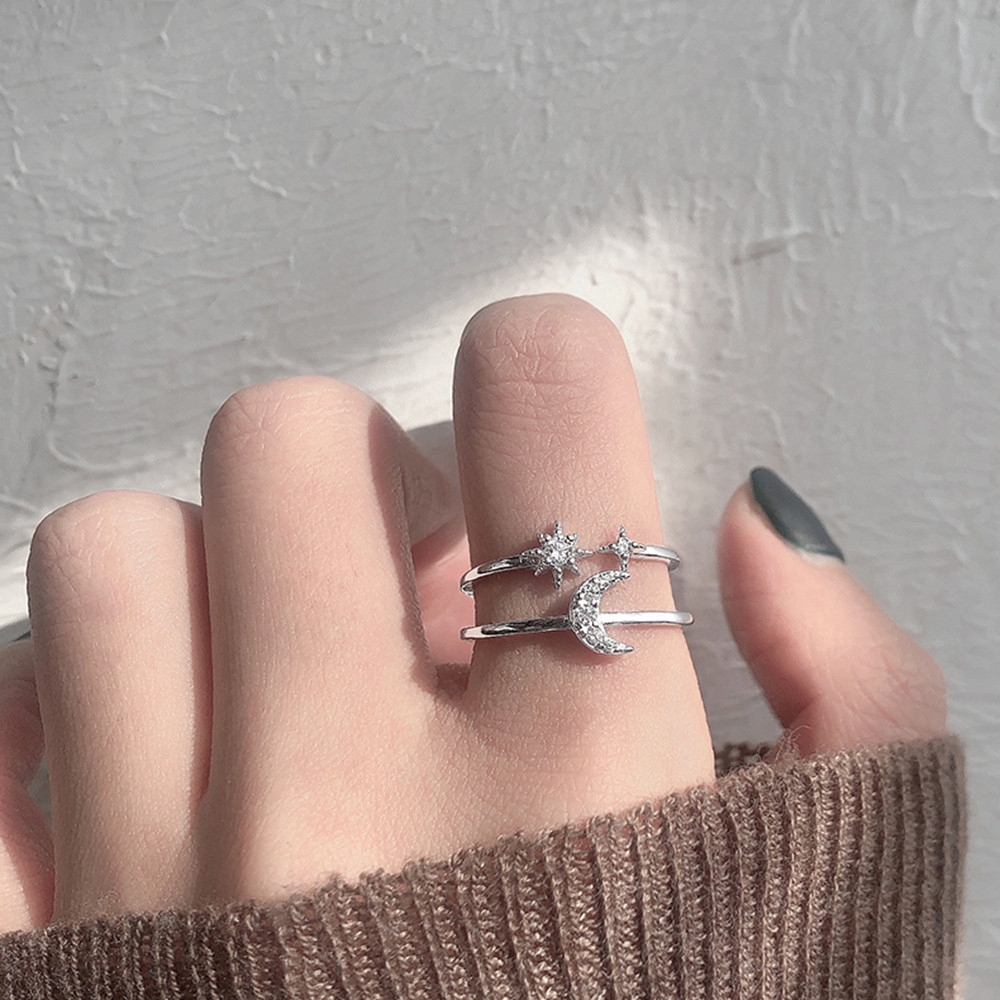 Nhẫn hở nhiều lớp hình trăng sao sang trọng phong cách hippie có thể điều chỉnh