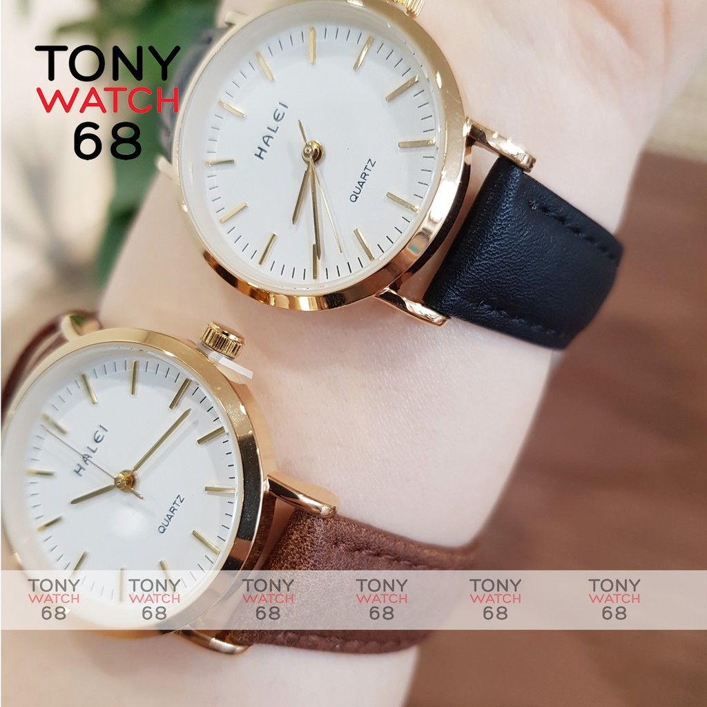Đồng hồ đôi nam nữ Halei dây da nâu mặt số vạch chính hãng Tony Watch 68 | BigBuy360 - bigbuy360.vn