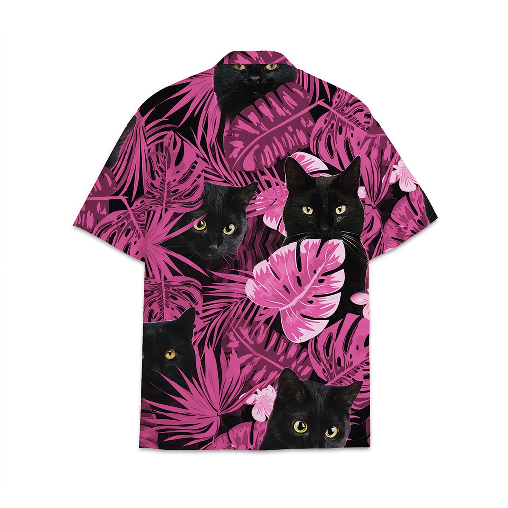 Áo sơ mi nam ngắn tay họa tiết Chó Mèo, Chất lụa chéo,thoáng mát, không nhăn. MSP: hw_black_cat_tropical_001