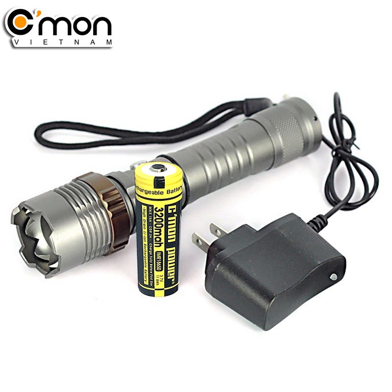 Bộ 1 đèn pin siêu sáng C'MON DEFEND XML-T6 + 1 pin sạc + 1 cục sạc (VÀNG)