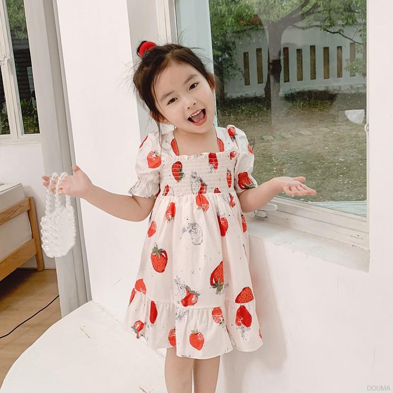 Đầm Tay Phồng Phối Nơ Họa Tiết Dâu Tây Đáng Yêu Cho Bé Gái