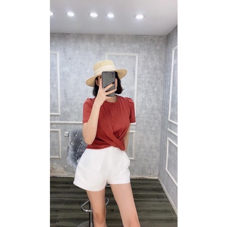 Áo Zara Xuất Xịn Xoắn Eo Tay Bồng Nhẹ Nâu Đất Size S M