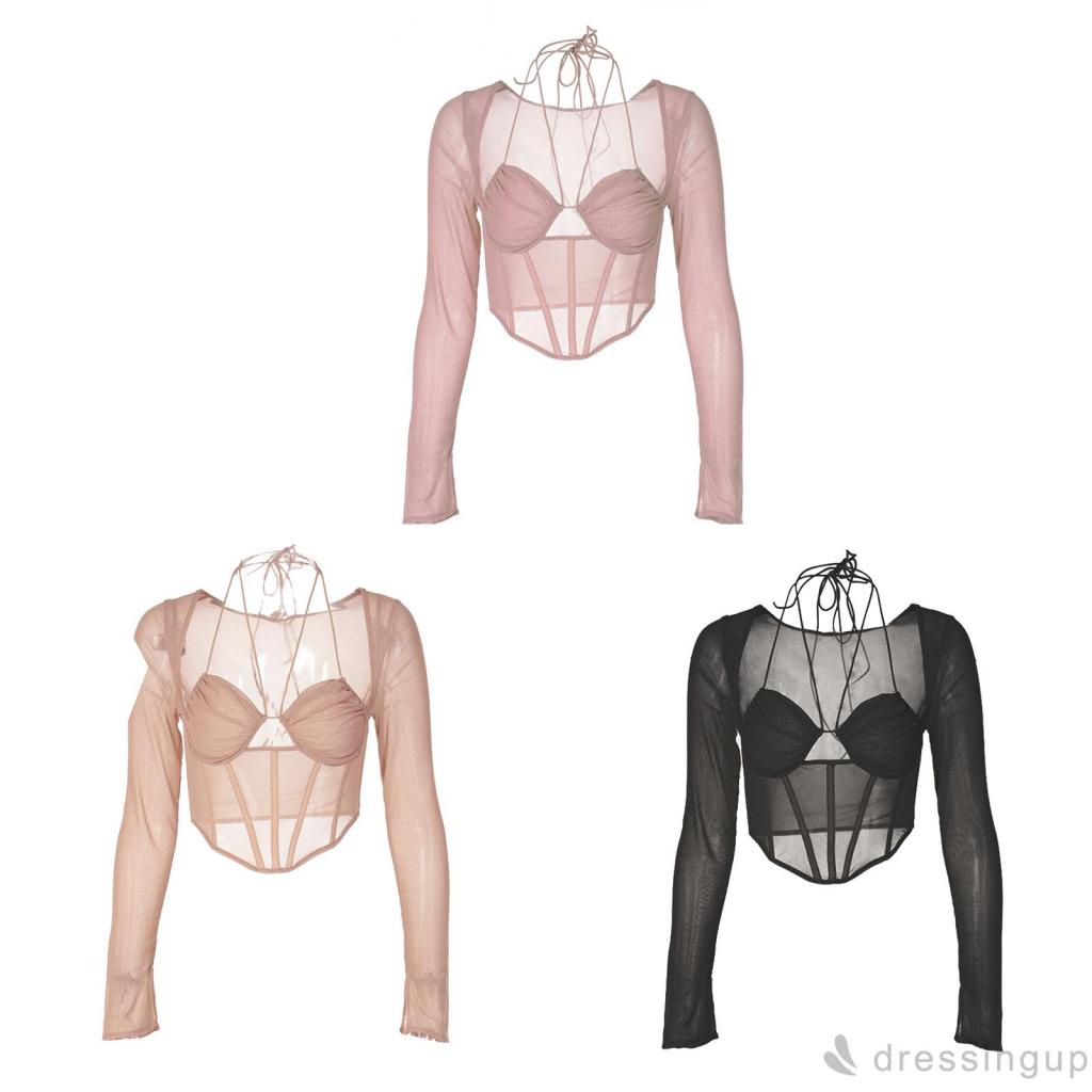 Áo Croptop Tay Dài Phối Lưới Nhiều Dây Cổ Khoét Sâu Màu Sắc Thời Trang Cho Nữ