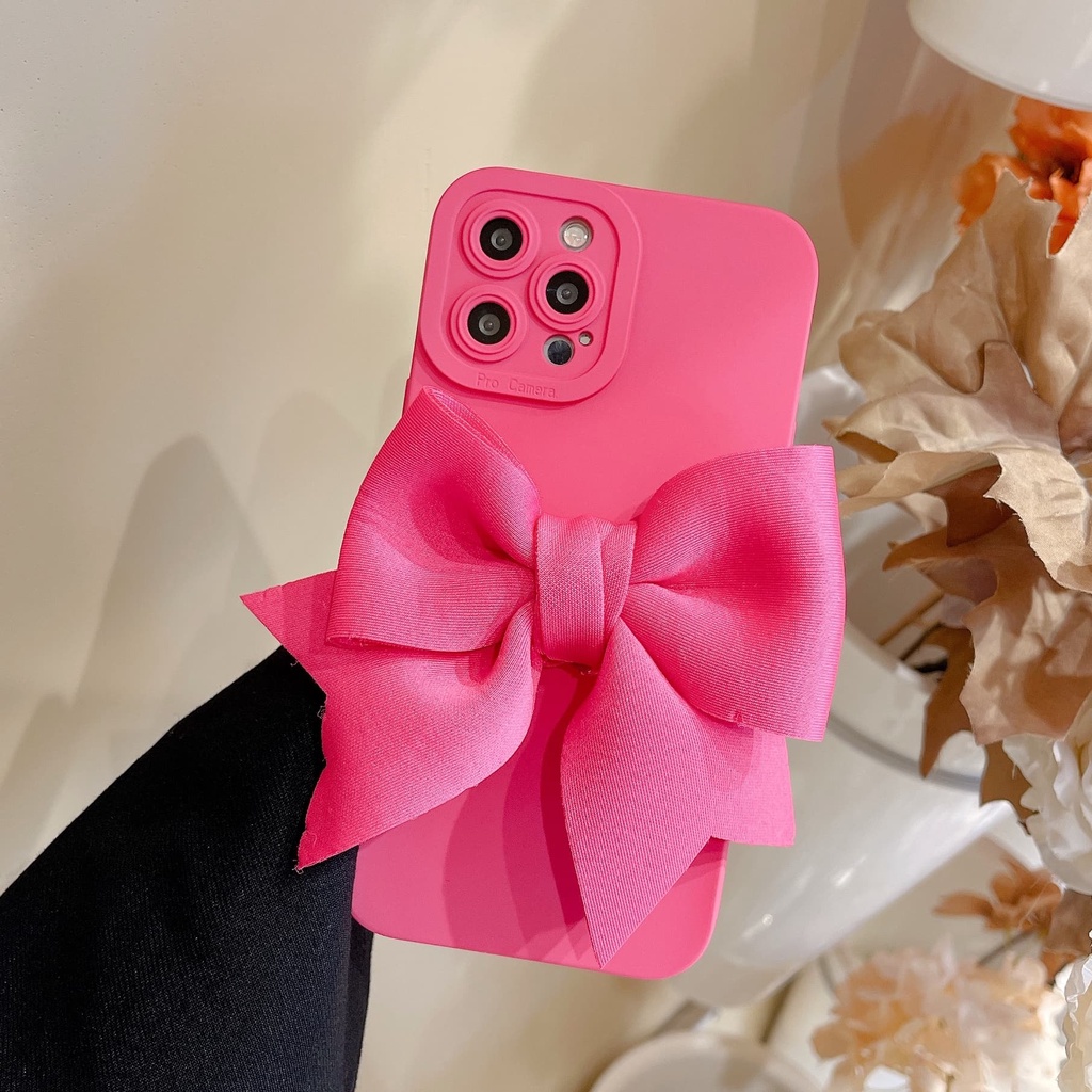 Ốp Điện Thoại Màu Hồng Và Bạc Thiết Kế Nơ To 3D Chống Sốc Cho iPhone 14 / 13 / 12 / 11 / X / 8 / 7P