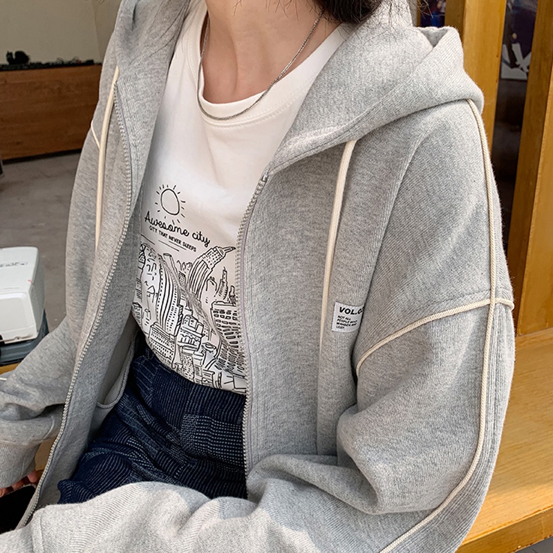 Áo khoác cardigan dáng rộng phối khóa kéo phong cách Hàn Quốc thời trang mùa thu mới