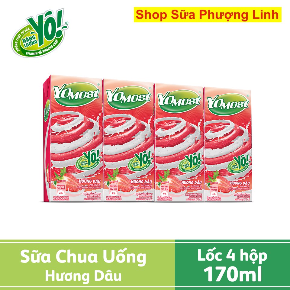 Lốc 4 hộp sữa Yomost 170ml (Đủ Vị Dâu, Cam, Lựu, Bạc hà và việt quốc)