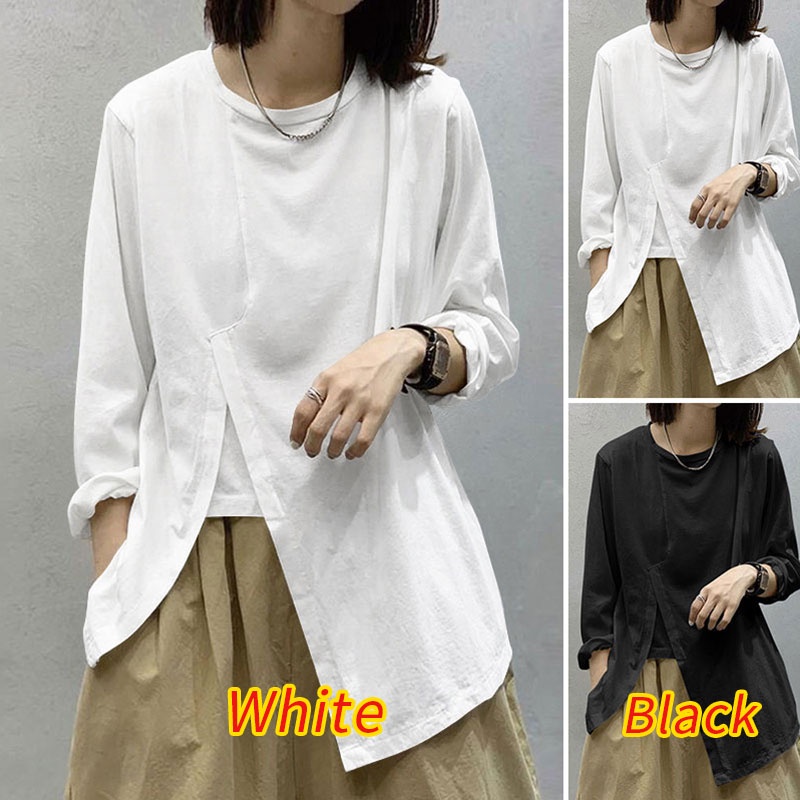 Áo thun Zanzea cổ tròn xẻ tà dài tay thời trang Hàn Quốc cho nữ