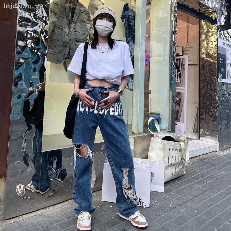 Quần jeans eo cao ống rộng phối rách thời trang đường phố năng động cá tính cho nữ