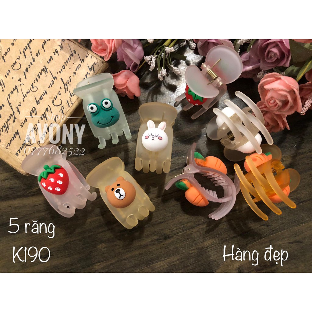 [đẹp] Kẹp tóc - Bấu tóc càng cua 3 - 5 răng (nhựa nhám màu, nhựa trong) đính icon trái cây, thú to