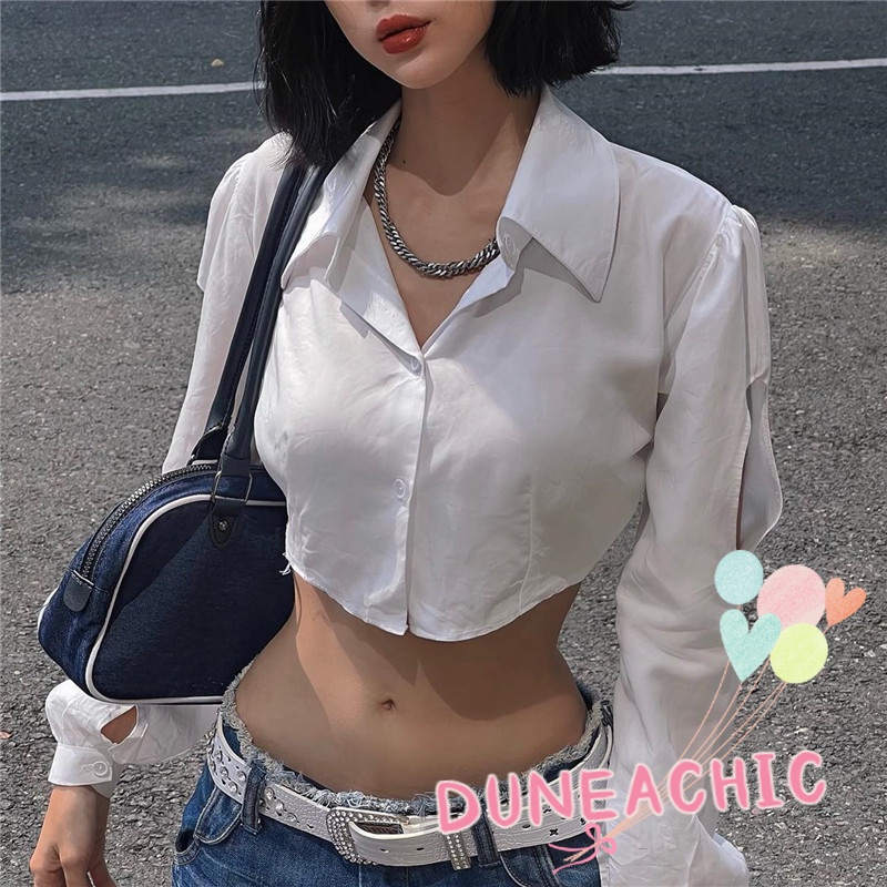 DUNEA Áo croptop dáng rộng cổ polo thời trang dành cho nữ