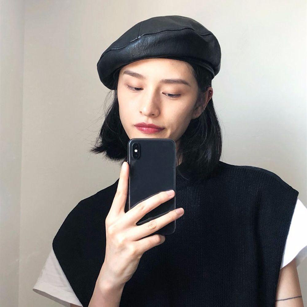MXGOODS Mũ Beret Da PU Thiết Kế Đơn Giản Phong Cách Retro