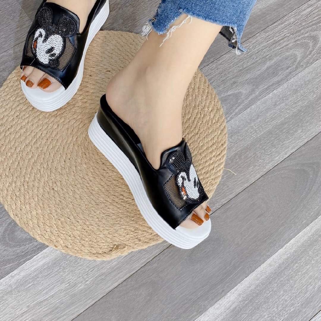 Dép nữ đế bánh mỳ cao 5p in hình micky êm chân