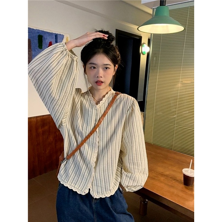 Áo Sơ Mi Tay Dài Dáng Rộng Cổ Chữ V Phối Ren Thời Trang Mùa Thu Hàn Quốc 2022