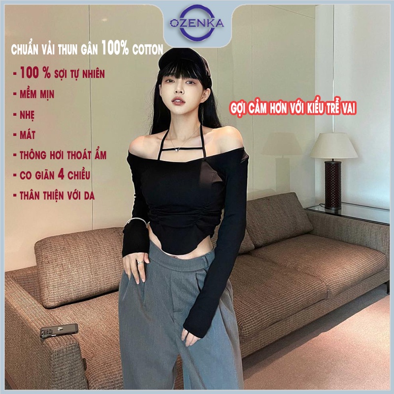 Set áo croptop nữ tay dài kiểu Hàn Quốc OZENKA , áo crt ôm body vạt bầu nhún eo cổ rộng thun gân 100% cotton màu đen