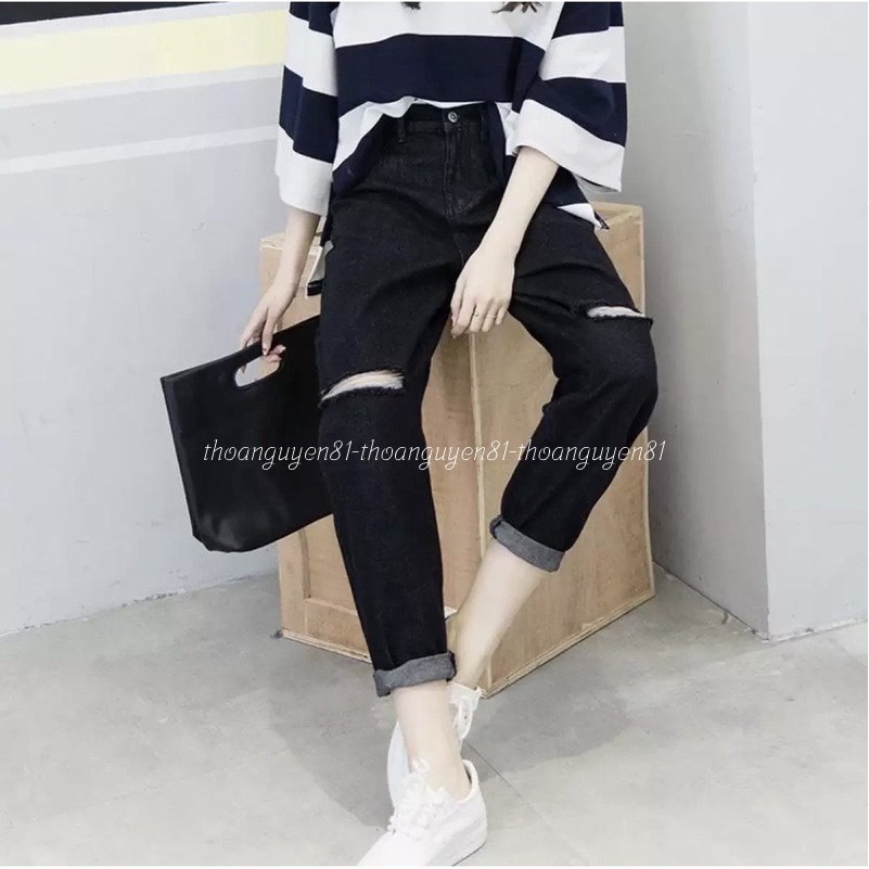 Quần jeans baggy nữ lưng cao hoạ tiết trơn vải bò dày dặn