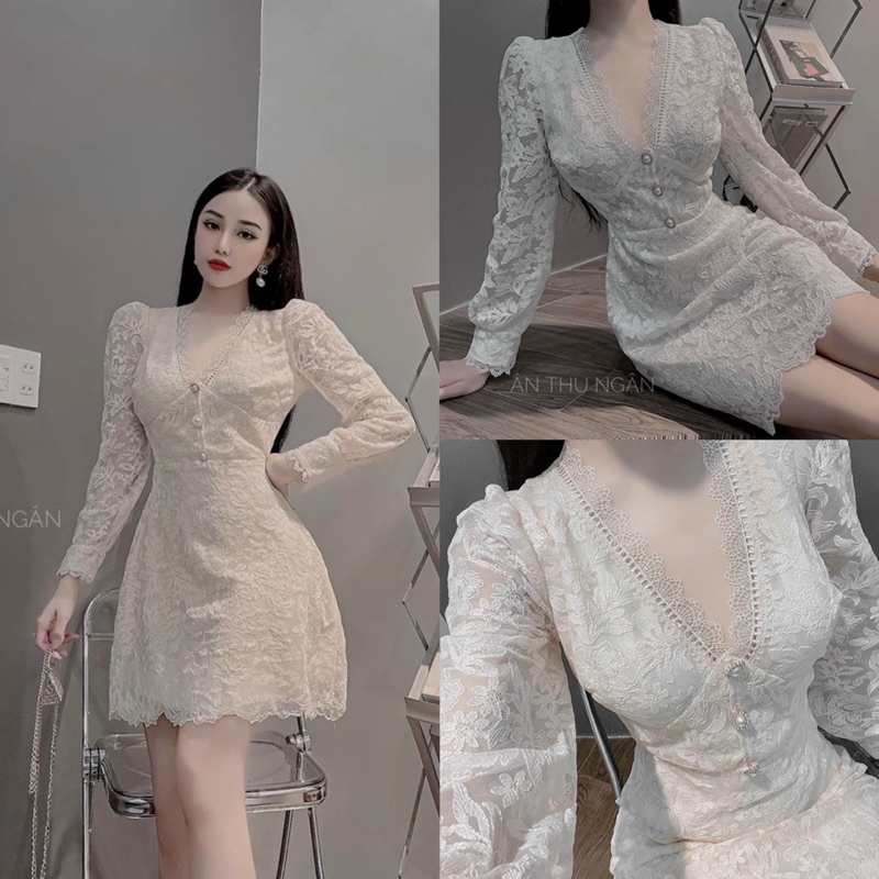 Váy ren cổ V tay dài siêu xinh
