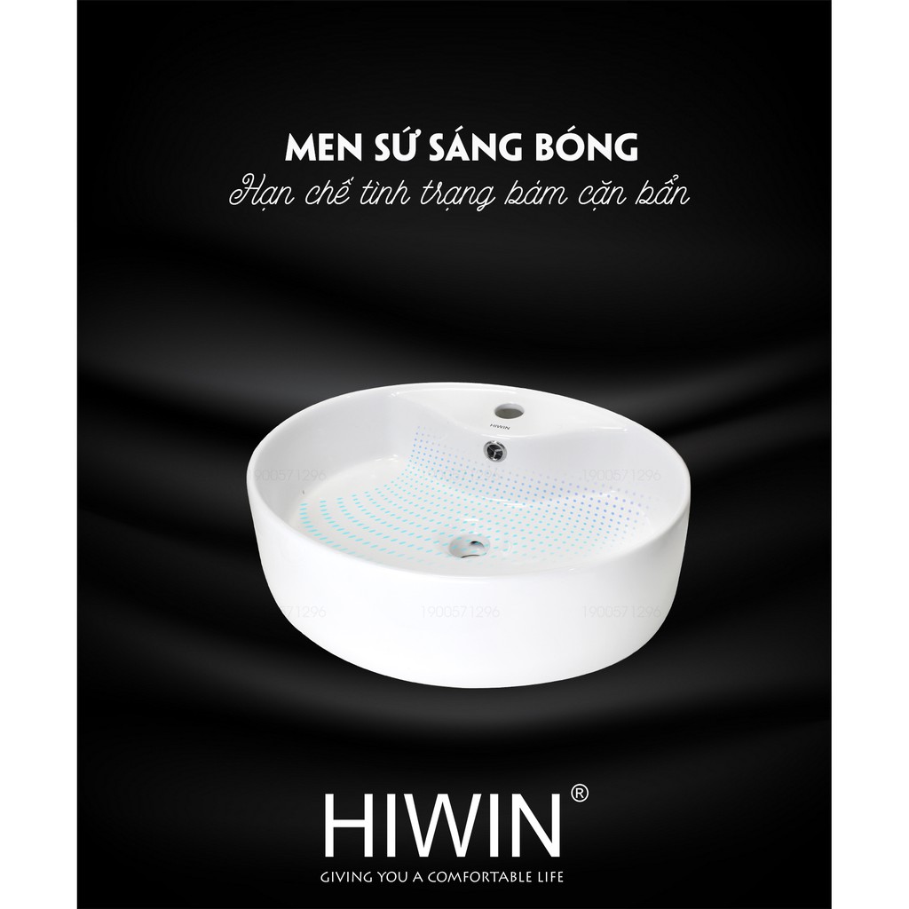 Chậu rửa mặt lavabo tròn trắng sứ cao cấp kích thước 510*425*150mm Hiwin LP-8085