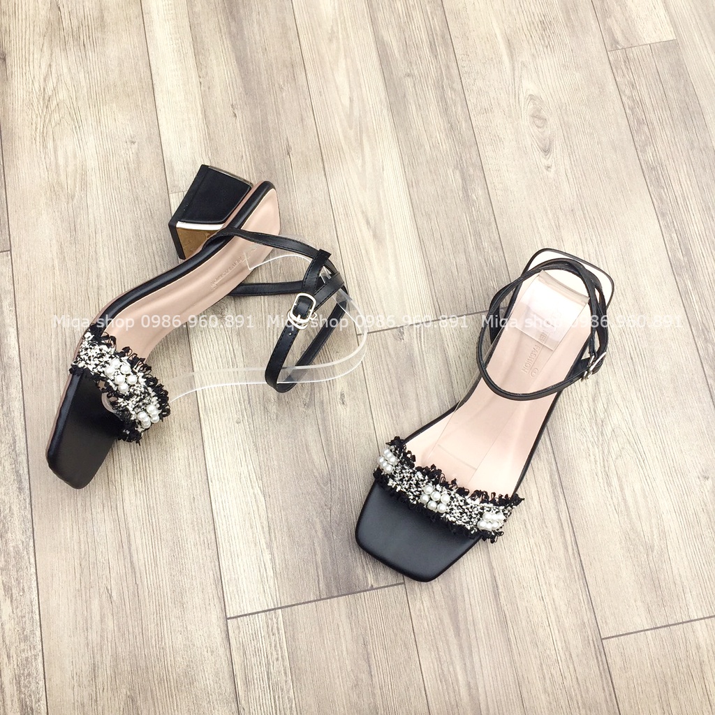 ( Có video ảnh thật) Sandal quai ngang 4p đính hạt xù gót trụ mạ