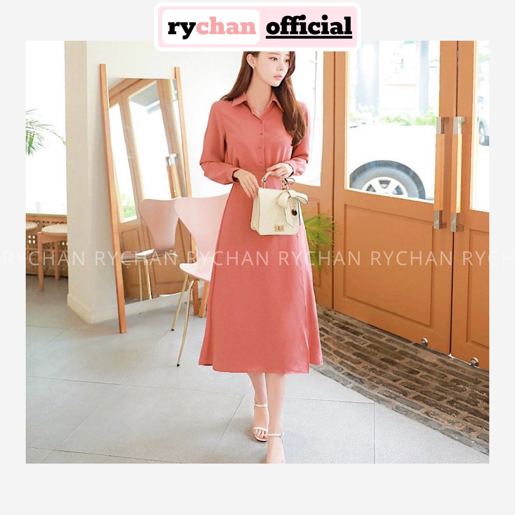 Đầm Sơmi Xòe Midi Hồng Tay Dài Cột Lưng  - DX0100