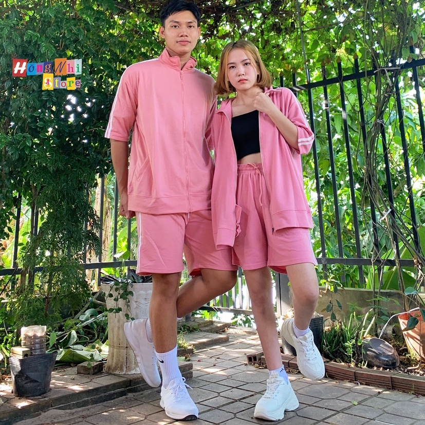 Set Bộ Thể Thao Oversize Ulzzang Unisex Áo Khoác Tay Ngắn Quần Short Màu Hồng Cao Cấp - MM