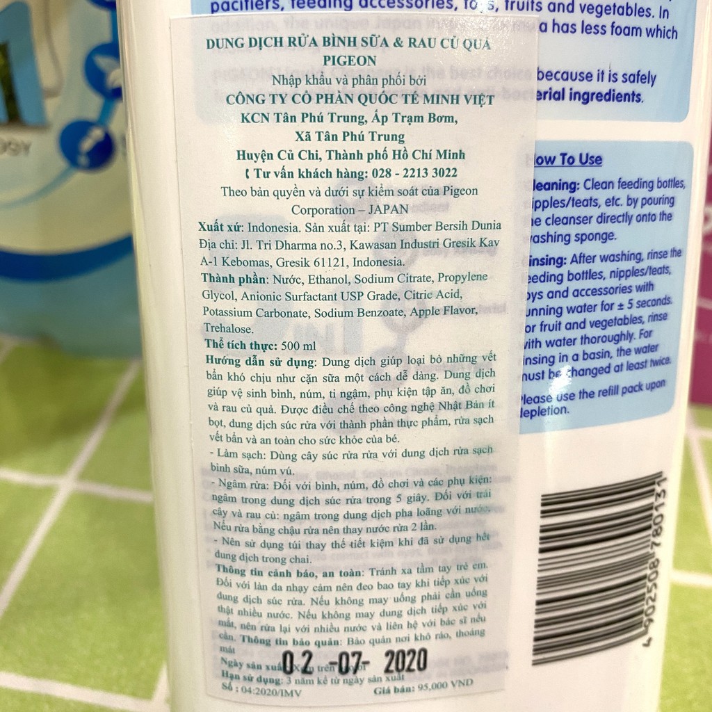 Nước rửa bình sữa và rau củ quả Pigeon chai 500ml túi 450ml