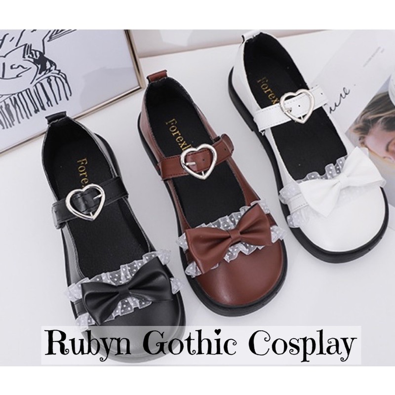 [CÓ SẴN]  Giày Búp Bê Lolita Mary Janes phối Nơ Ren quai dán khoá trái tim ( Size 35 - 39 )