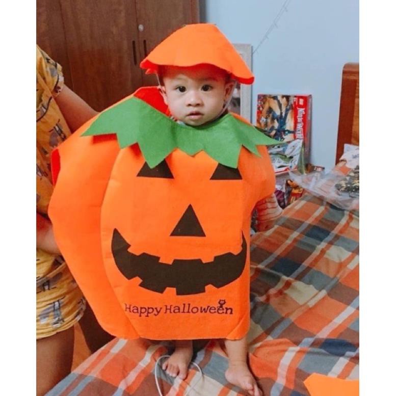 Bộ áo bí ngô sát nách + mũ họa tiết bí ngô thời trang halloween cho bé