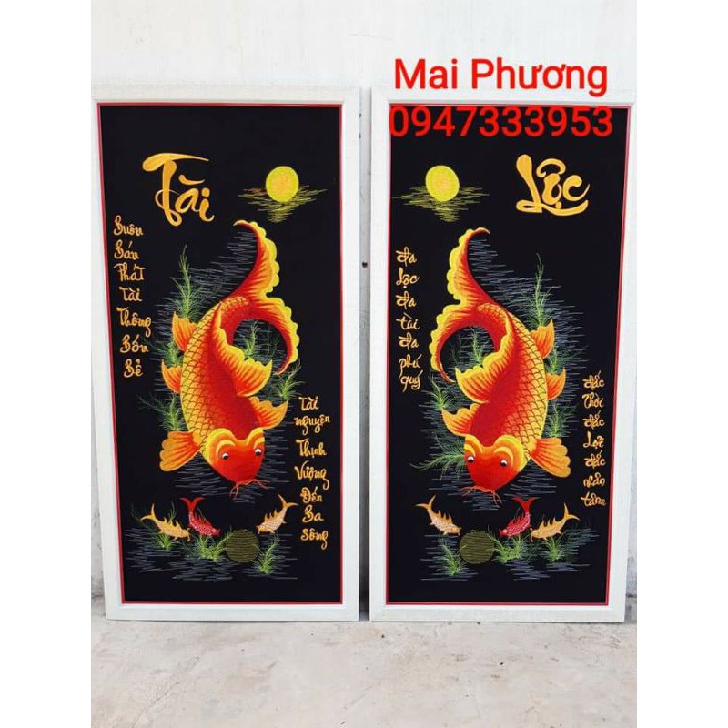 Tranh thêu CẶP CÁ TÀI LỘC 1 bộ gồm 2 bức tất cả "ĐÃ THÊU SẴN" về chỉ việc đóng khung.