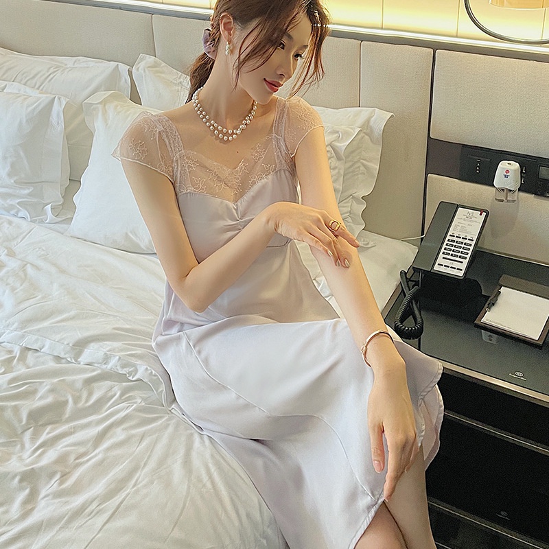 Đầm Ngủ Vải Satin Phối Ren Quyến Rũ Thời Trang Cho Nữ